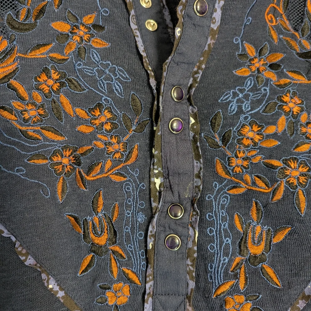 Free People Sundance Kid Embroidered Henley Long Sleeve Blue Rust XS
